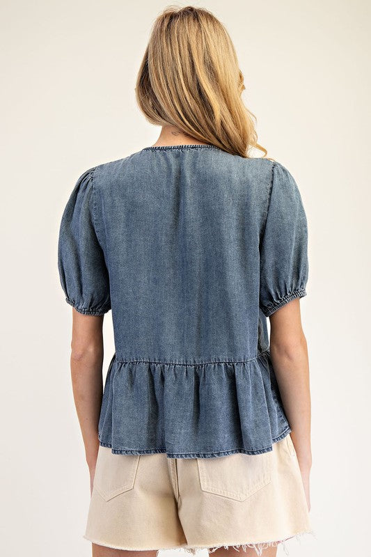Ribbon Tie Front Denim Top