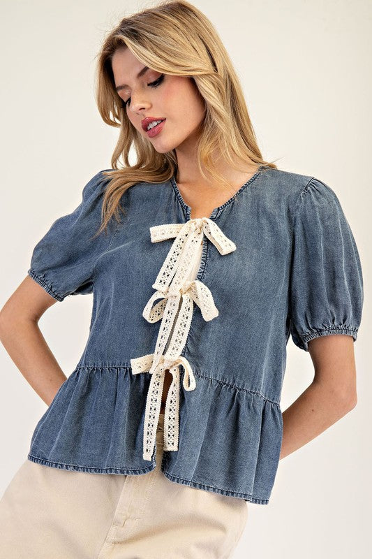 Ribbon Tie Front Denim Top