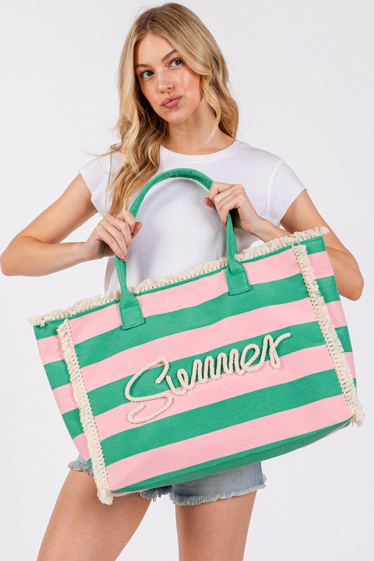 Summer Letter Striped Tote Bag