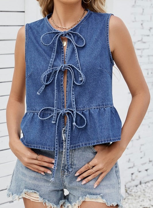 Peplum Tie Front Denim Top