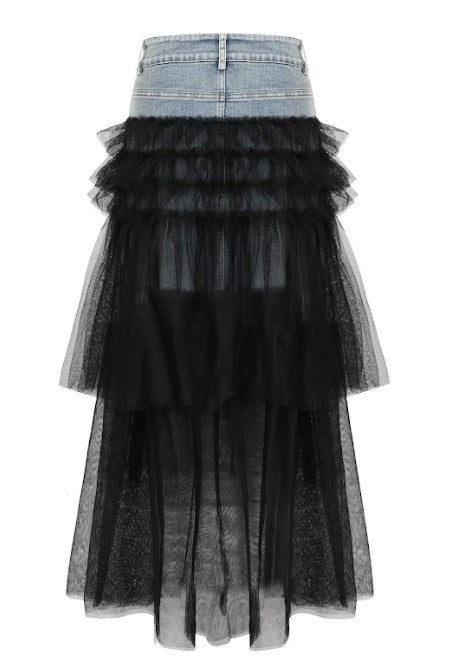Denim Skirt With Mesh Contrast