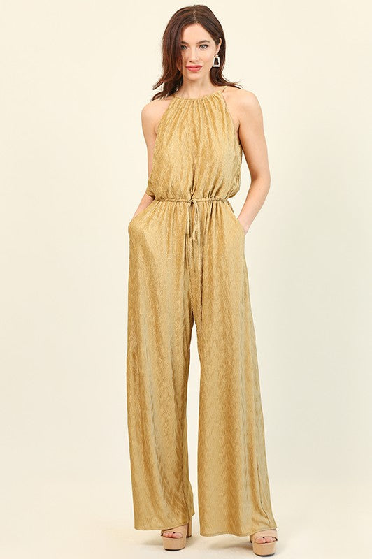 Satin Halter Neck-Back Tie Jumpsuit