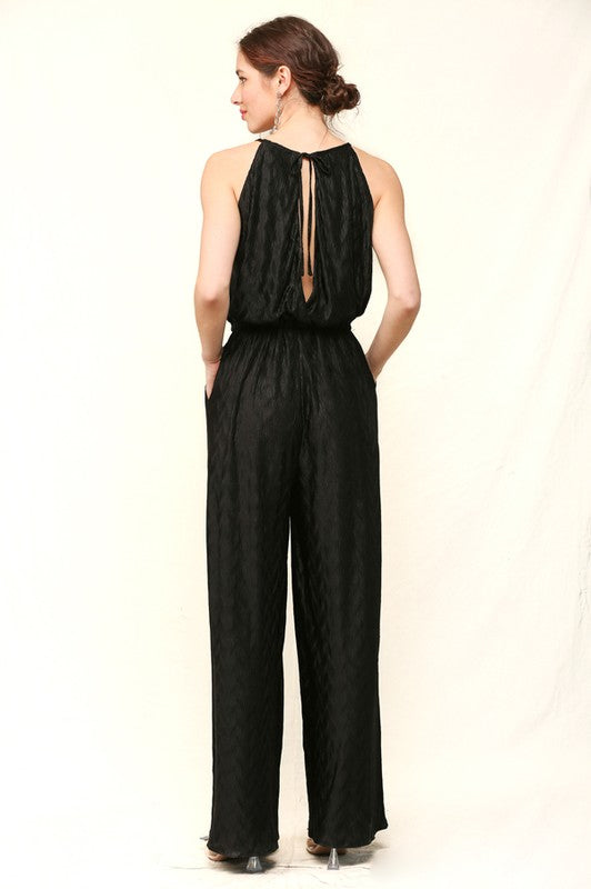 Satin Halter Neck-Back Tie Jumpsuit