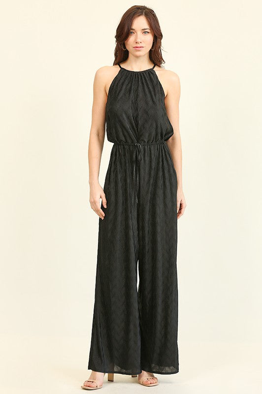 Satin Halter Neck-Back Tie Jumpsuit