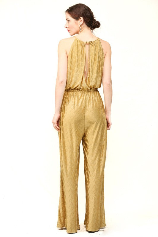 Satin Halter Neck-Back Tie Jumpsuit