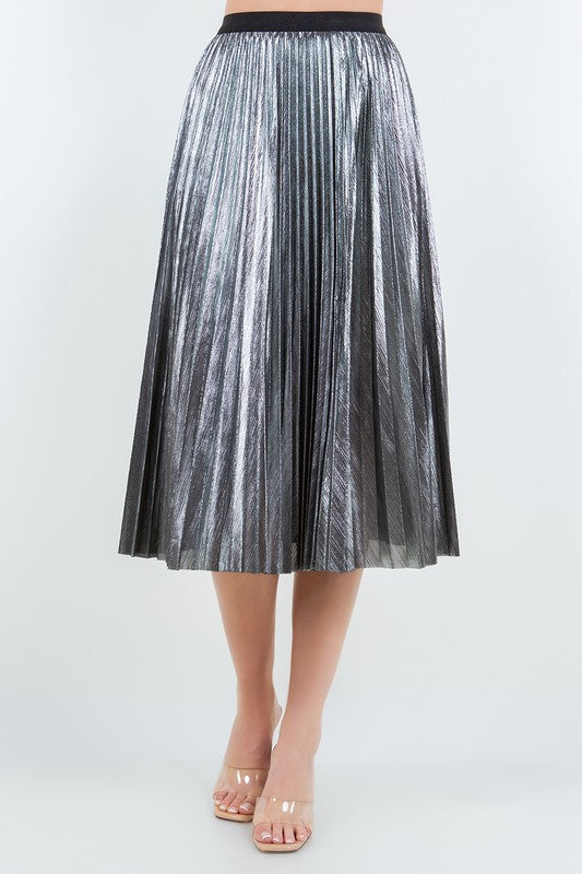 Pleated Silver Midi Skirt