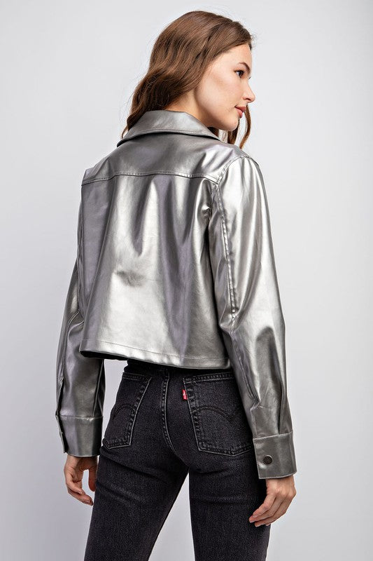 Metallic PU Jacket Cargo Pocket