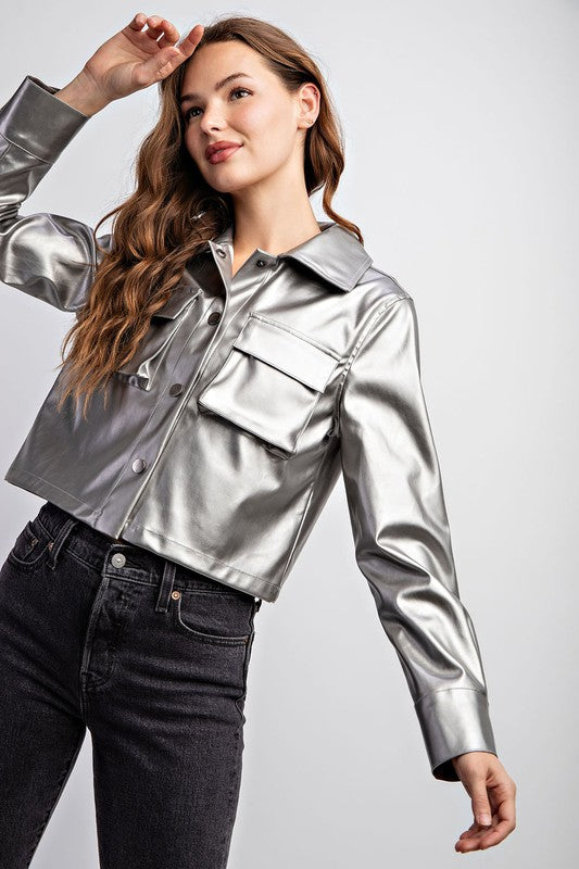 Metallic PU Jacket Cargo Pocket