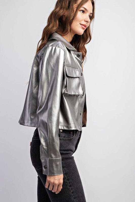 Metallic PU Jacket Cargo Pocket