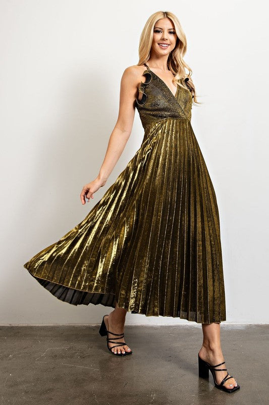 Pleated Gold Midi Dress