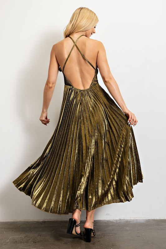 Pleated Gold Midi Dress