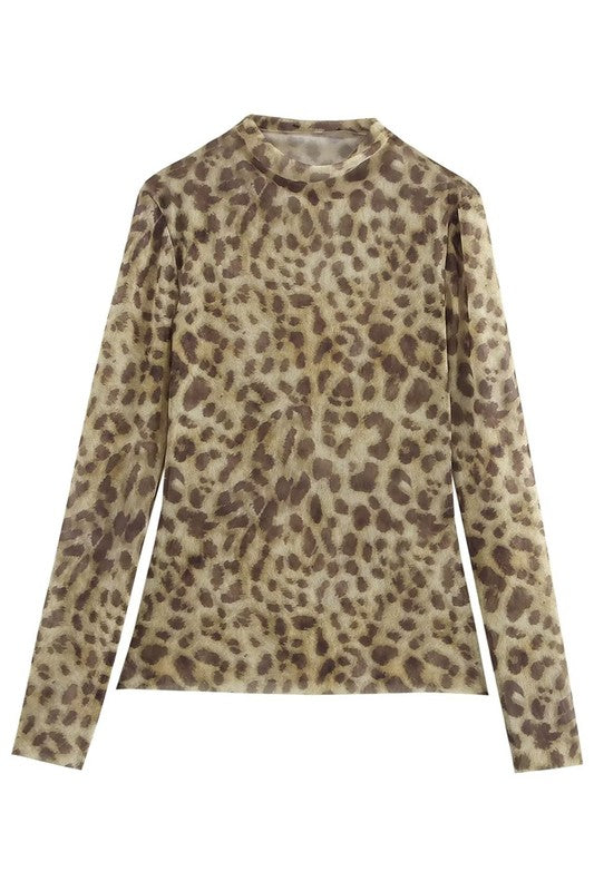 Animal Print Mesh Long Sleeve Top