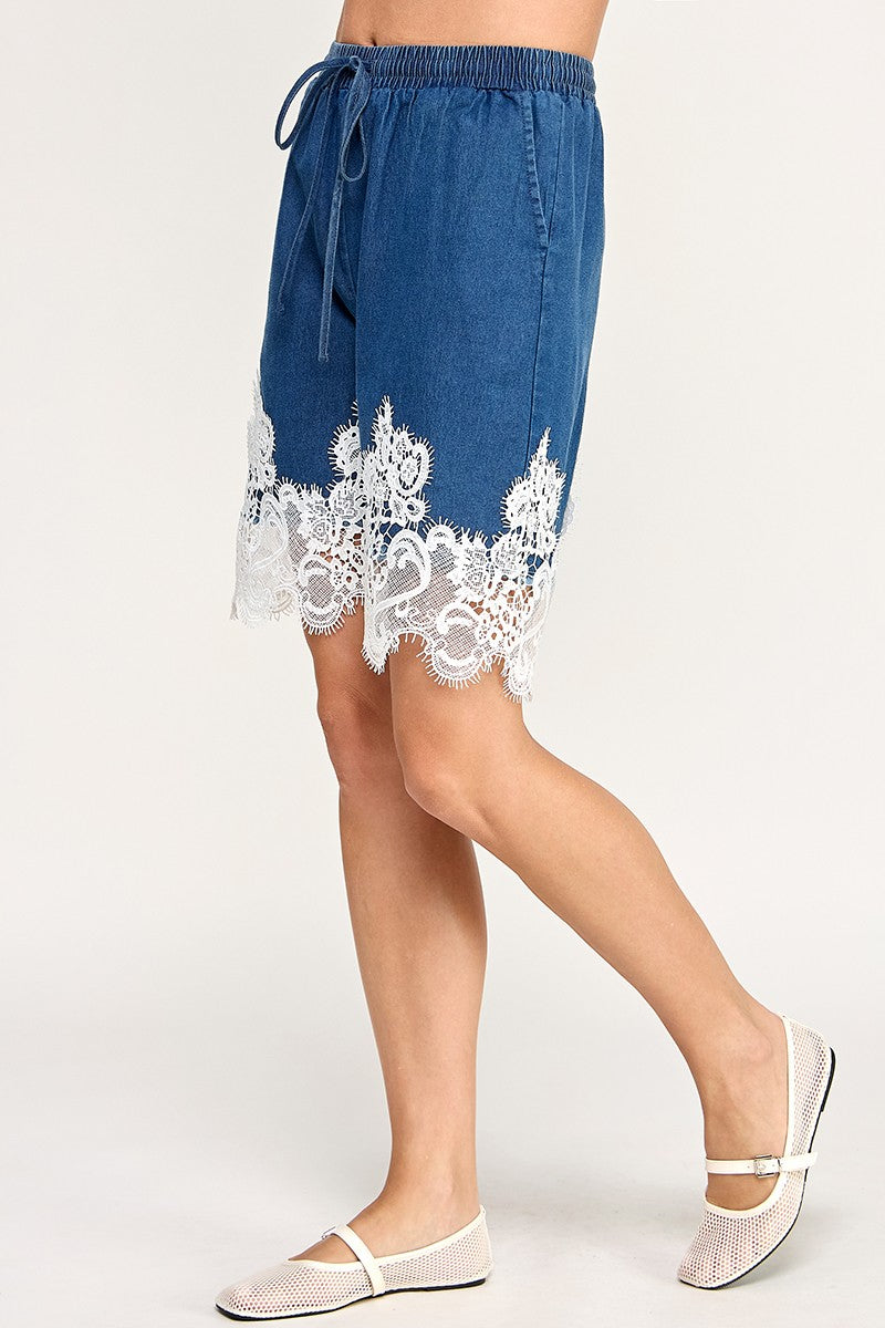 Lace Details Denim bermuda Shorts