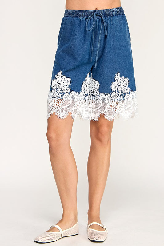 Lace Details Denim bermuda Shorts