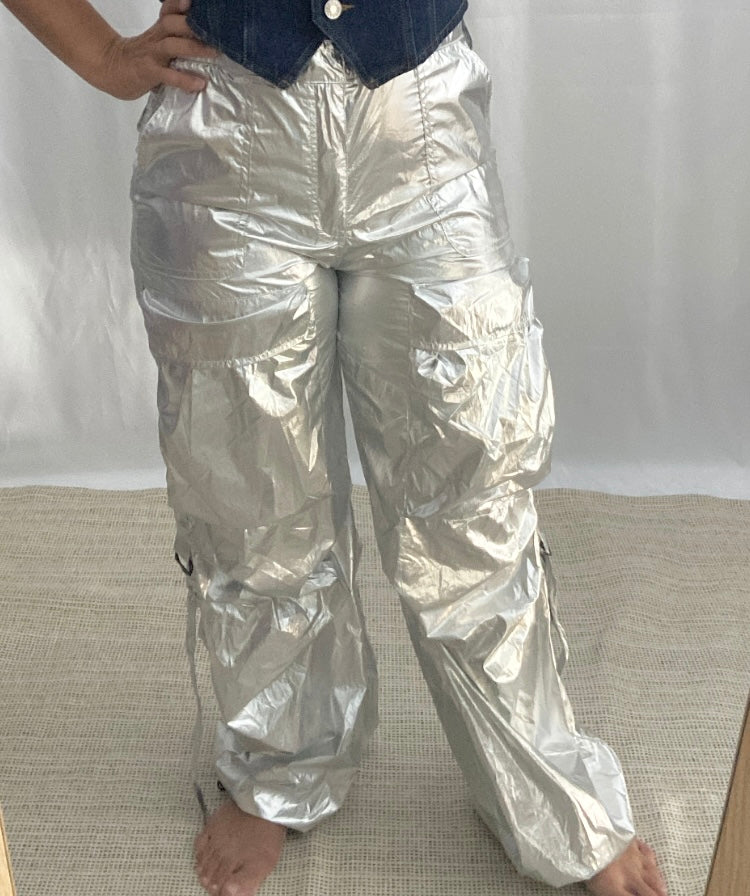 Metallic Silver Cargo Pants