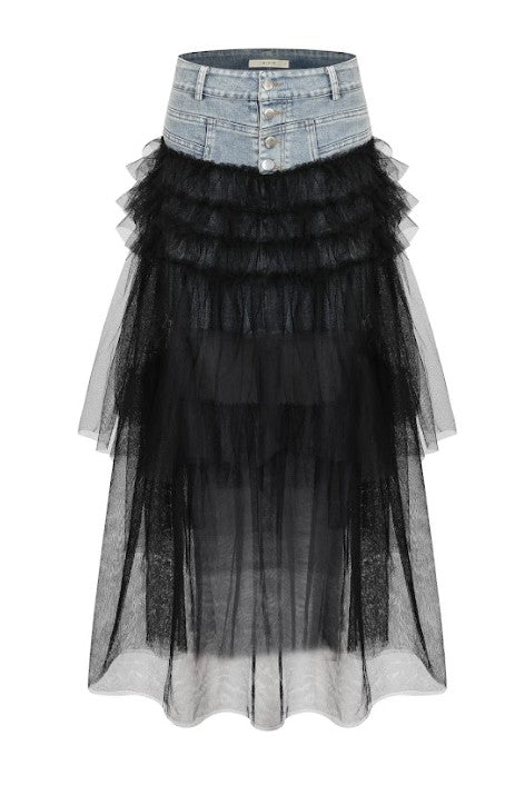 Denim Skirt With Mesh Contrast