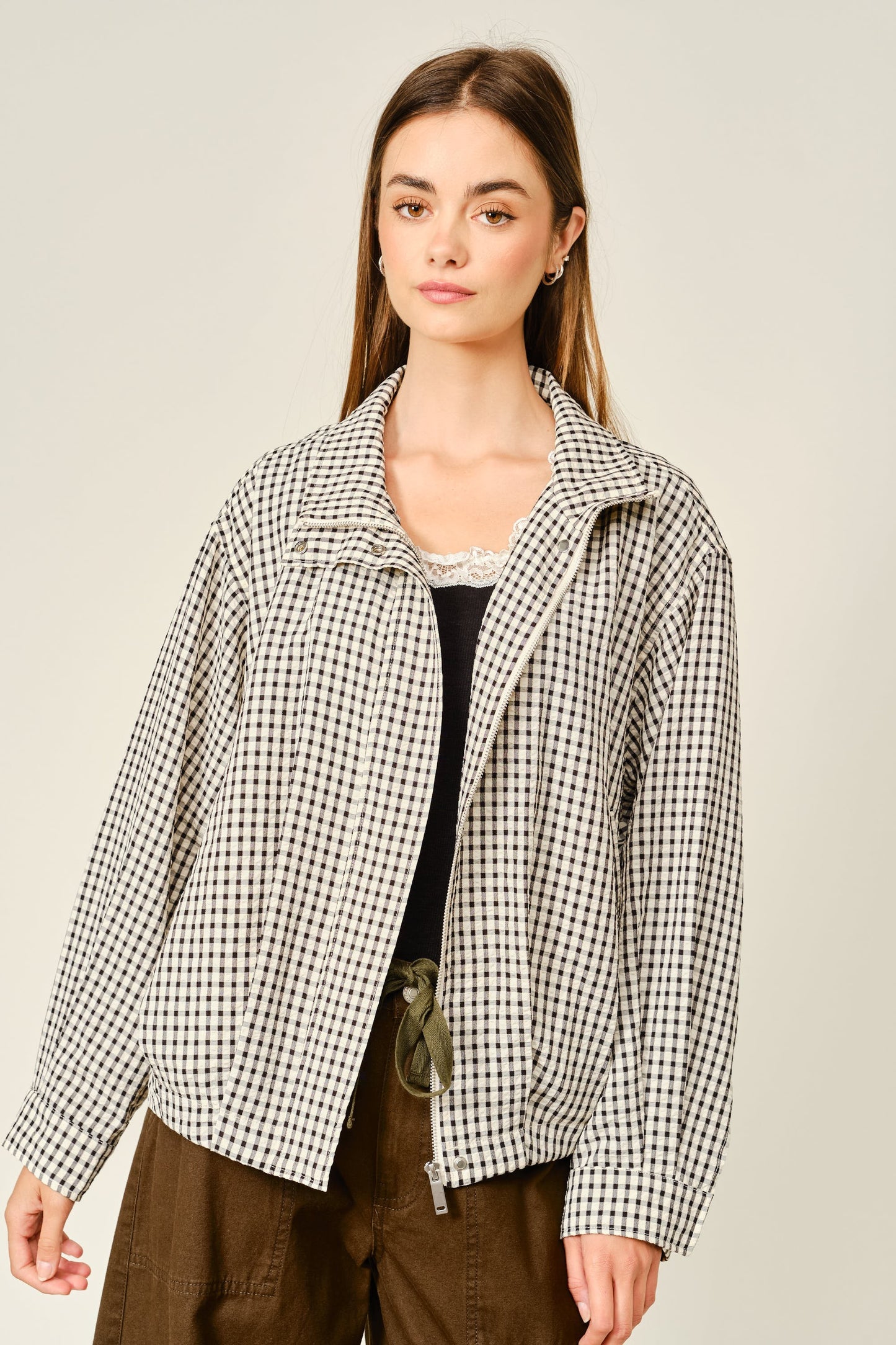 Plaid Funnel Neck Jacket