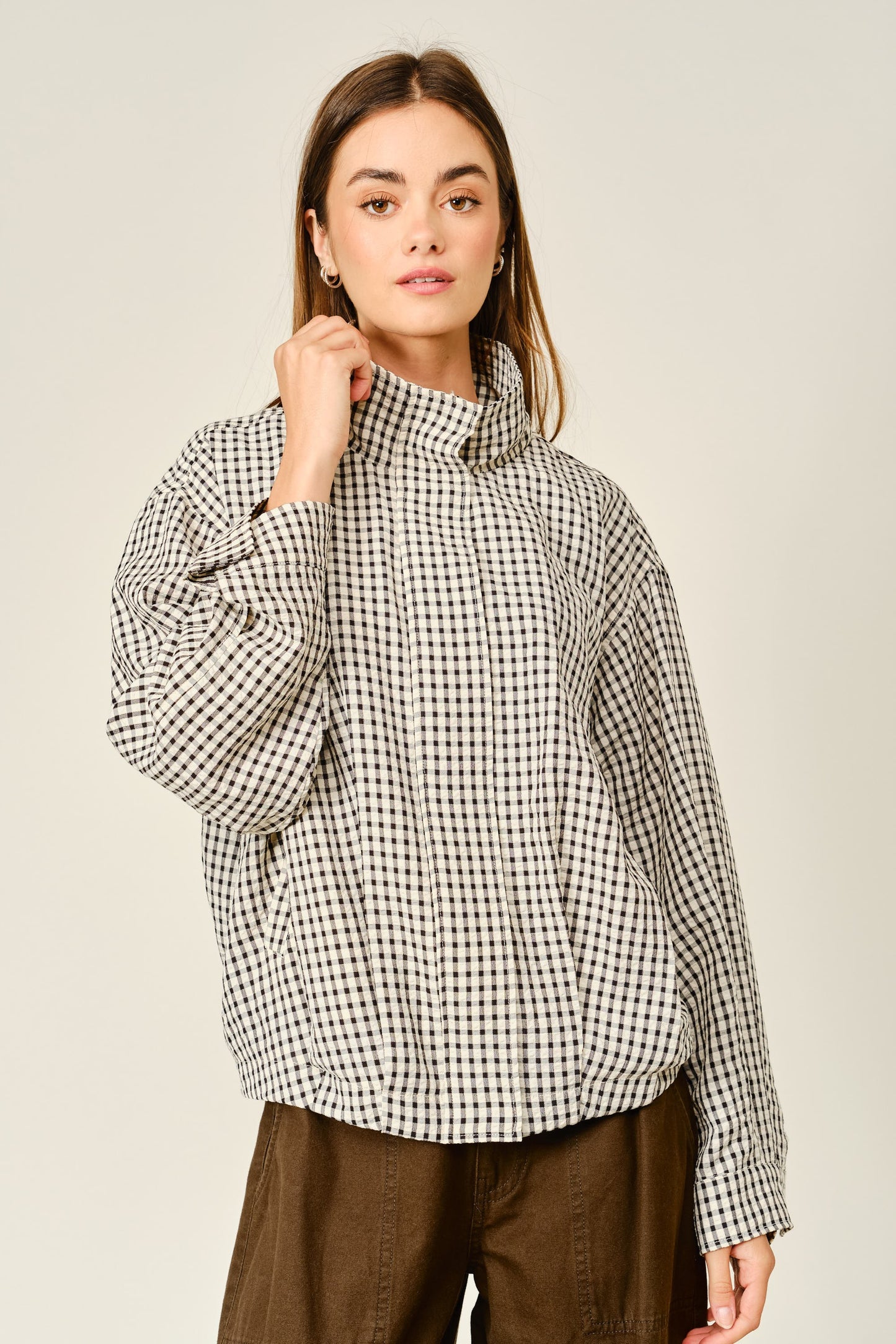 Plaid Funnel Neck Jacket